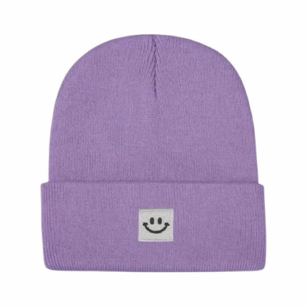 Purple Smiley Face Knit Beanie New